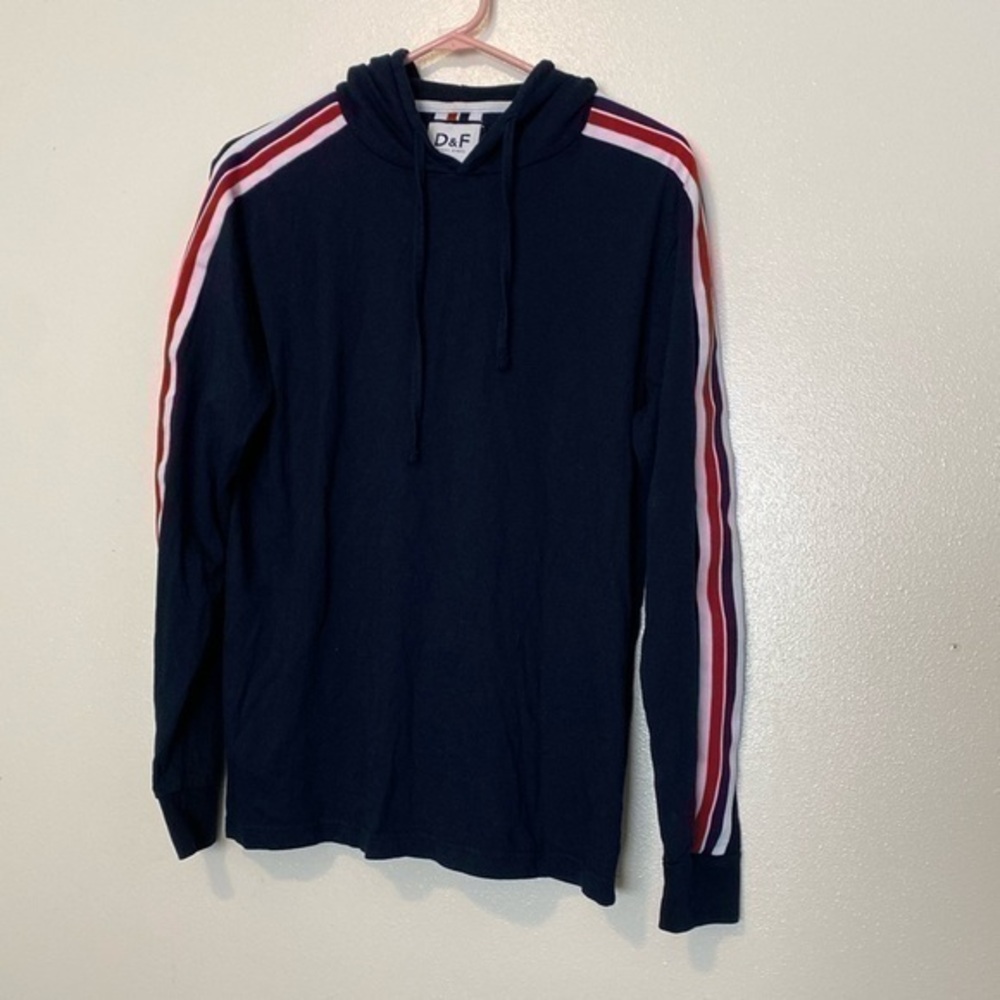 Denim & Flower navvy long sleeve striped hooded cotton shirt medium